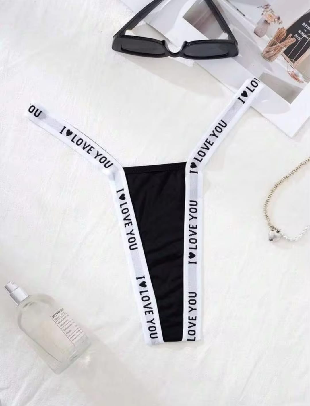 Women's Black High-Leg V-Waist Thong Panties with "I ♥ LOVE YOU" Branded Straps